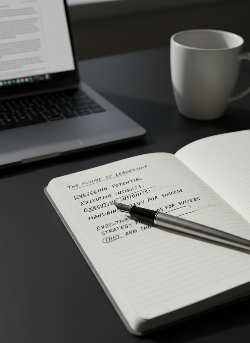 A close-up of a premium, charcoal-gray notebook opened to a page of carefully drafted headline options and messaging angles, each line underlined or circled with assertive strokes. A brushed metal fountain pen with a dark ink stain at the nib rests across the page. To the side, a slim laptop shows a blurred draft of a long-form article. The desk surface is matte black, with a single, minimal ceramic mug adding a contrasting light element. Strong side lighting from an unseen window creates dramatic contrast, with deep shadows and crisp highlights across the paper’s subtle texture. Shot at eye level with a shallow depth of field in photographic realism, the mood is bold, confident, and meticulously crafted, embodying the precision of executive ghostwriting and editorial excellence.