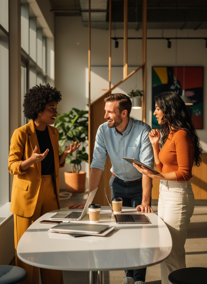 A diverse group of three people — one Black woman, one white man, and one South Asian woman — gathered around a sleek table in a bright, modern workspace. They're dressed in a mix of casual and business casual: one in a blazer over a t-shirt, one in a crisp button-down, one in a relaxed knit top. They're mid-conversation, animated and engaged, as if riffing on a creative idea. The mood is collaborative, energetic, and authentic — not staged. The lighting is warm and directional, creating a bold editorial feel. Background is softly blurred, modern office or co-working space. Photographic realism, high contrast, vibrant but not oversaturated. Feels like a brand campaign for a forward-thinking creative agency.