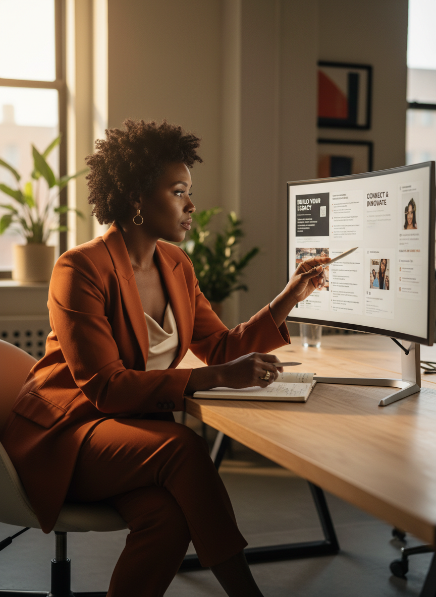 A confident Black woman in business casual reviews brand messaging on a large monitor, pointing at social media copy drafts with a stylus.