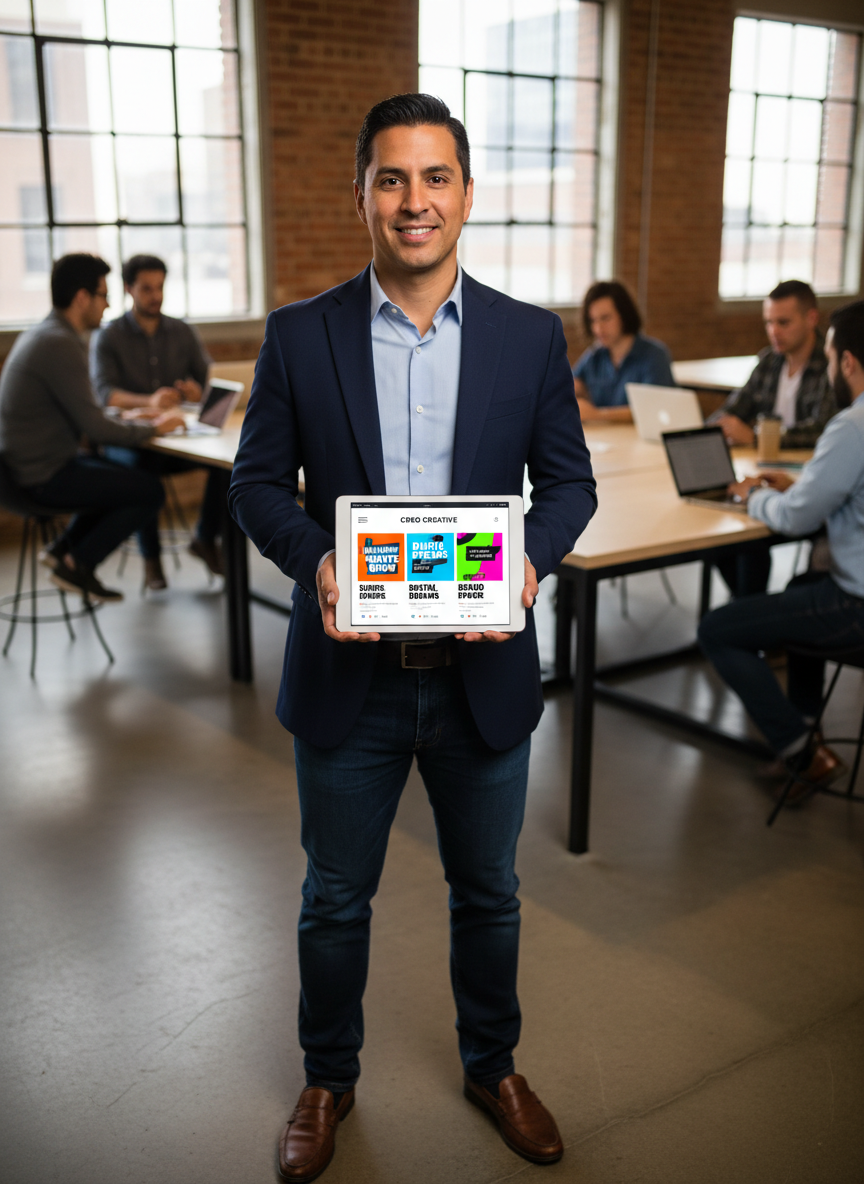 A Latino man in business casual stands facing the camera, holding a tablet with the screen clearly facing forward, prominently displaying a branded social media feed.