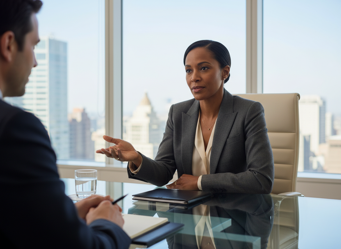 A polished executive — a Black woman in her late 40s, dressed in sharp business attire — sits at the head of a sleek, modern conference table, leaning forward slightly, mid-answer during a formal interview. Across from her, partially visible, is an interviewer with a notepad. The table is minimal: a glass of water, a slim portfolio. The room is corporate and refined — floor-to-ceiling windows, soft natural light streaming in. The mood is measured, authoritative, deliberate. Photographic realism, shallow depth of field, editorial quality. Feels like a Harvard Business Review profile shoot — not a stock photo.