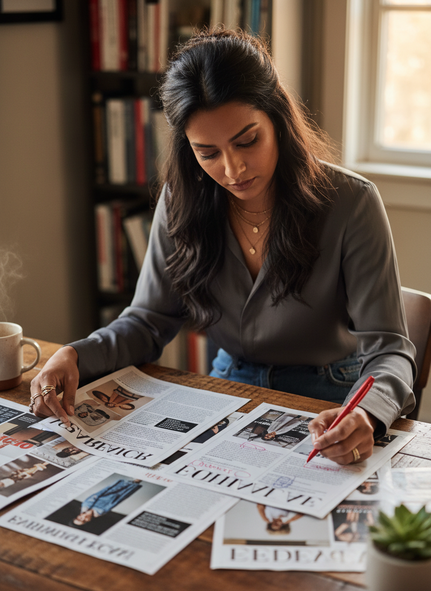 A South Asian woman in casual-chic attire sits at a desk, leaning over a freshly printed magazine layout spread before her, making handwritten editorial notes in the margins with a red pen. No laptop or phone visible. The mood is deliberate and craft-oriented — a writer or editor fully engaged with the physical artifact of print. Warm, focused directional lighting. Photographic realism, editorial quality, shallow depth of field.